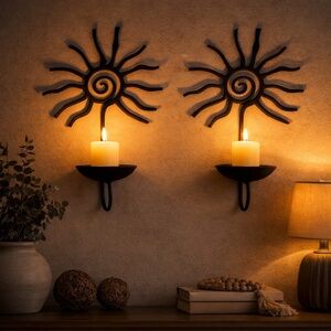 Sunburst Metal Wall Sconce Candle Holder Set - Black. Gorgeous Indoor /Outdoor